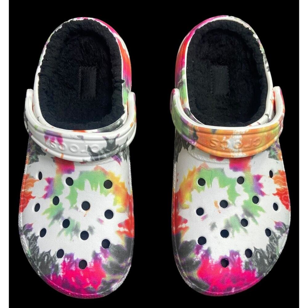 Crocs Unisex Tie Dyed Black Fur Lined Slip On Shoe Men Size 7 Woman Size 9